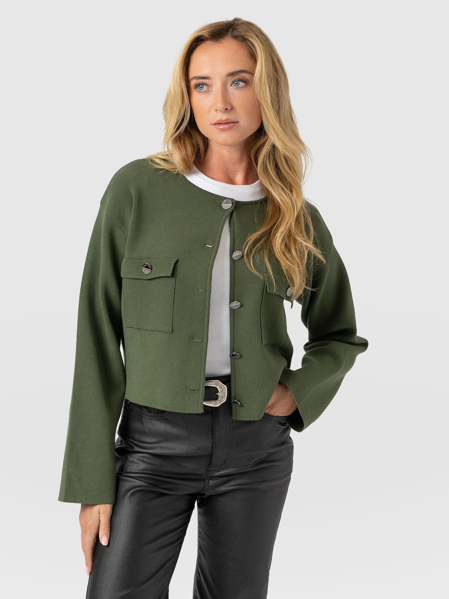 Maeva Knit Jacket - Khaki - Women's Knitwears | Saint + Sofia® USA